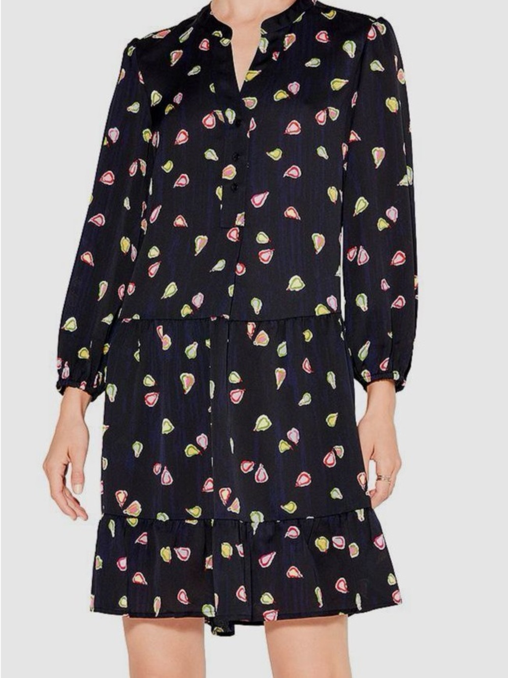 NIC+ZOE Party Pears Dress Women's L Black Multi Printed Pullover Long Sleeve EUC